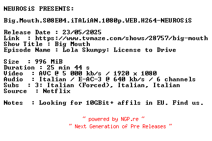 NFO for the release Big.Mouth.S08E04.iTALiAN.1080p.WEB.H264-NEUROSiS by NEUROSiS