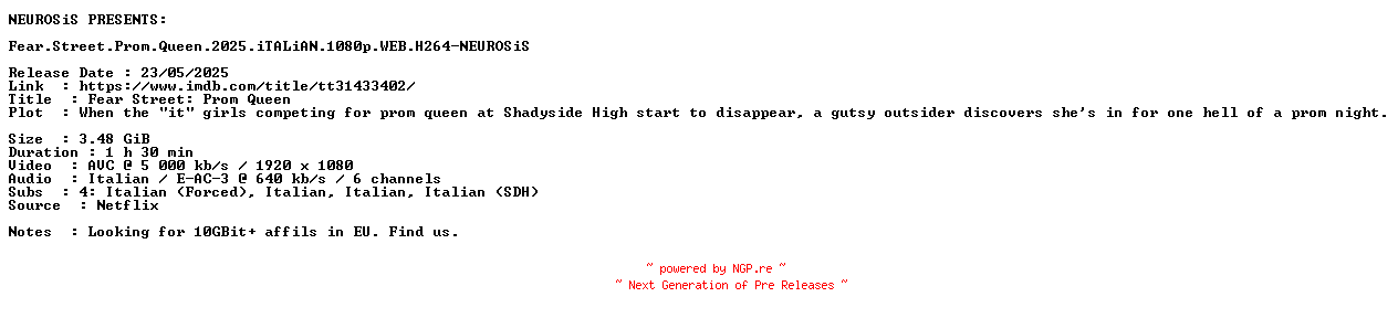 NFO for the release Fear.Street.Prom.Queen.2025.iTALiAN.1080p.WEB.H264-NEUROSiS by NEUROSiS