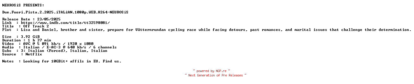 NFO for the release Due.Fuori.Pista.2.2025.iTALiAN.1080p.WEB.H264-NEUROSiS by NEUROSiS
