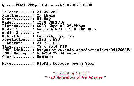 NFO for the release Queer.2024.720p.BluRay.x264.DiRFiX-D3US by D3US