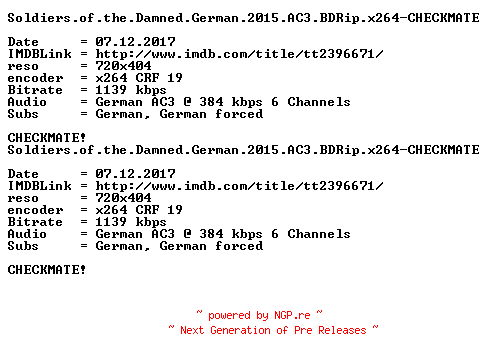 NFO for the release Soldiers.of.the.Damned.German.2015.AC3.BDRip.x264-CHECKMATE by CHECKMATE
