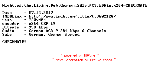 NFO for the release Night.of.the.Living.Deb.German.2015.AC3.BDRip.x264-CHECKMATE by CHECKMATE