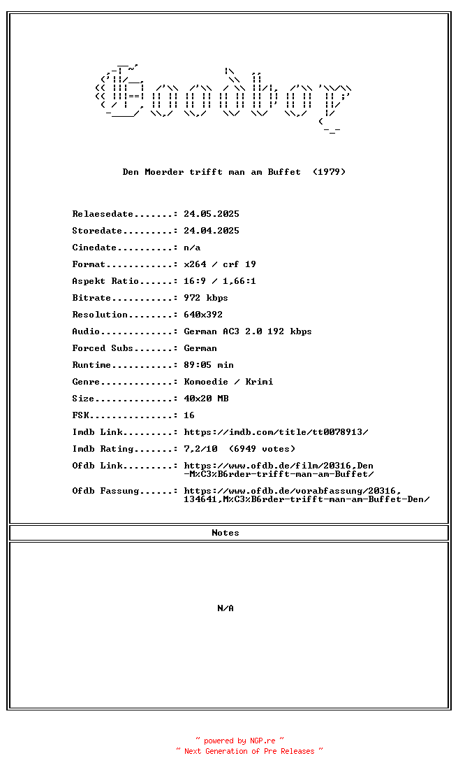 NFO for the release Den.Moerder.trifft.man.am.Buffet.GERMAN.1979.AC3.DVDRiP.x264-Goodboy by Goodboy