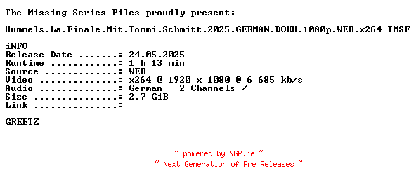NFO for the release Hummels.La.Finale.Mit.Tommi.Schmitt.2025.GERMAN.DOKU.1080p.WEB.x264-TMSF by TMSF