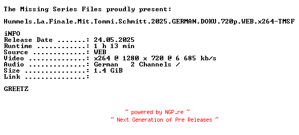 NFO for the release Hummels.La.Finale.Mit.Tommi.Schmitt.2025.GERMAN.DOKU.720p.WEB.x264-TMSF by TMSF