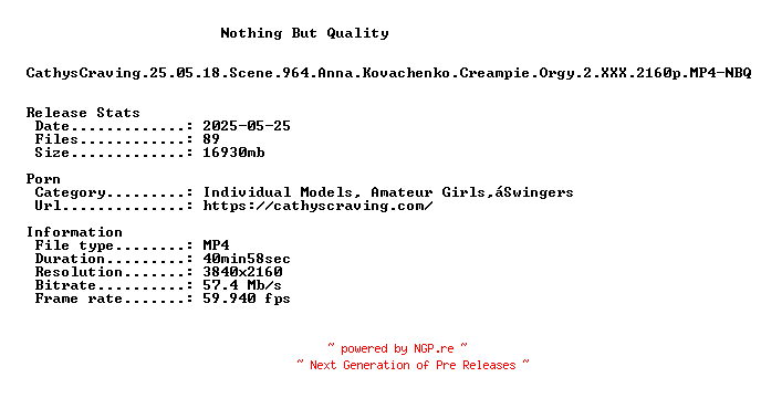 NFO for the release CathysCraving.25.05.18.Scene.964.Anna.Kovachenko.Creampie.Orgy.2.XXX.2160p.MP4-NBQ by NBQ