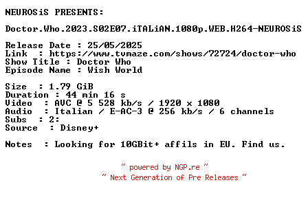NFO for the release Doctor.Who.2023.S02E07.iTALiAN.1080p.WEB.H264-NEUROSiS by NEUROSiS
