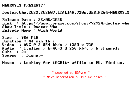 NFO for the release Doctor.Who.2023.S02E07.iTALiAN.720p.WEB.H264-NEUROSiS by NEUROSiS