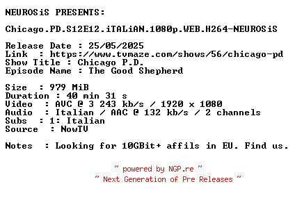 NFO for the release Chicago.PD.S12E12.iTALiAN.1080p.WEB.H264-NEUROSiS by NEUROSiS