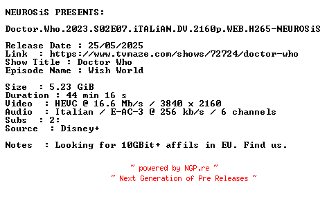NFO for the release Doctor.Who.2023.S02E07.iTALiAN.DV.2160p.WEB.H265-NEUROSiS by NEUROSiS