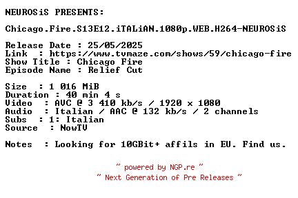 NFO for the release Chicago.Fire.S13E12.iTALiAN.1080p.WEB.H264-NEUROSiS by NEUROSiS