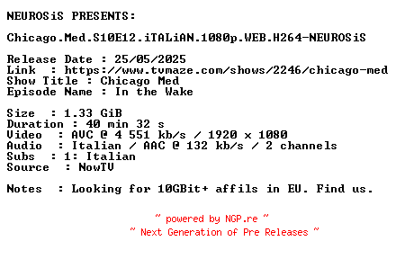 NFO for the release Chicago.Med.S10E12.iTALiAN.1080p.WEB.H264-NEUROSiS by NEUROSiS