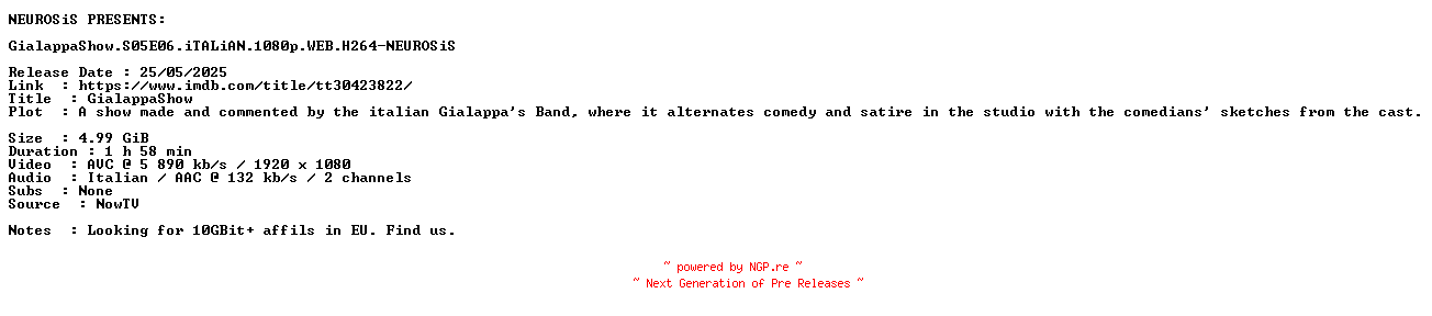 NFO for the release GialappaShow.S05E06.iTALiAN.1080p.WEB.H264-NEUROSiS by NEUROSiS