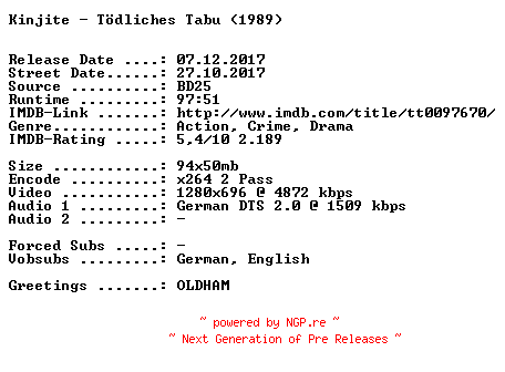 NFO for the release Kinjite.Toedliches.Tabu.1989.German.720p.BluRay.x264-SPiCY by SPiCY