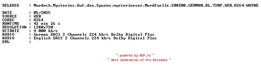 NFO for the release Murdoch.Mysteries.Auf.den.Spuren.mysterioeser.Mordfaelle.S08E08.GERMAN.DL.720P.WEB.H264-WAYNE by WAYNE