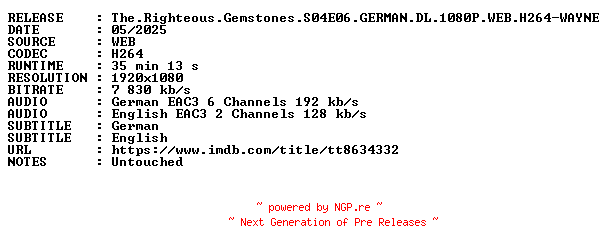 NFO for the release The.Righteous.Gemstones.S04E06.GERMAN.DL.1080P.WEB.H264-WAYNE by WAYNE