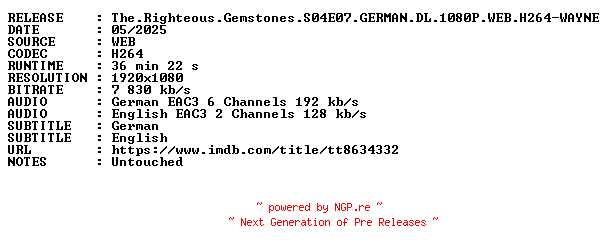 NFO for the release The.Righteous.Gemstones.S04E07.GERMAN.DL.1080P.WEB.H264-WAYNE by WAYNE