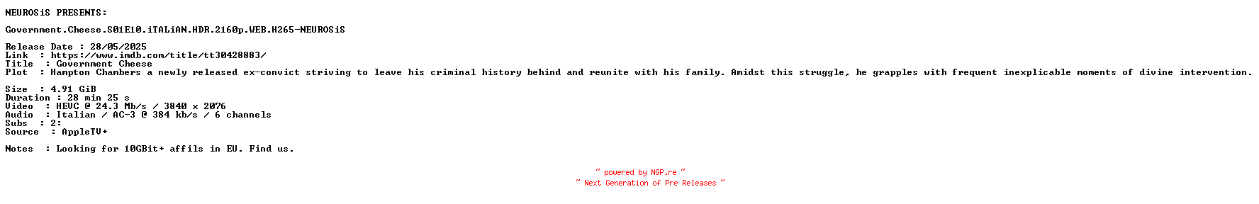 NFO for the release Government.Cheese.S01E10.iTALiAN.HDR.2160p.WEB.H265-NEUROSiS by NEUROSiS
