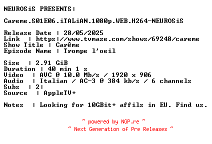 NFO for the release Careme.S01E06.iTALiAN.1080p.WEB.H264-NEUROSiS by NEUROSiS