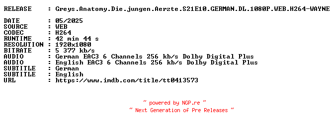 NFO for the release Greys.Anatomy.Die.jungen.Aerzte.S21E10.GERMAN.DL.1080P.WEB.H264-WAYNE by WAYNE