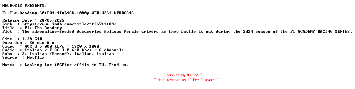 NFO for the release F1.The.Academy.S01E04.iTALiAN.1080p.WEB.H264-NEUROSiS by NEUROSiS