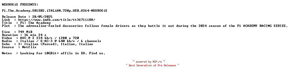 NFO for the release F1.The.Academy.S01E02.iTALiAN.720p.WEB.H264-NEUROSiS by NEUROSiS