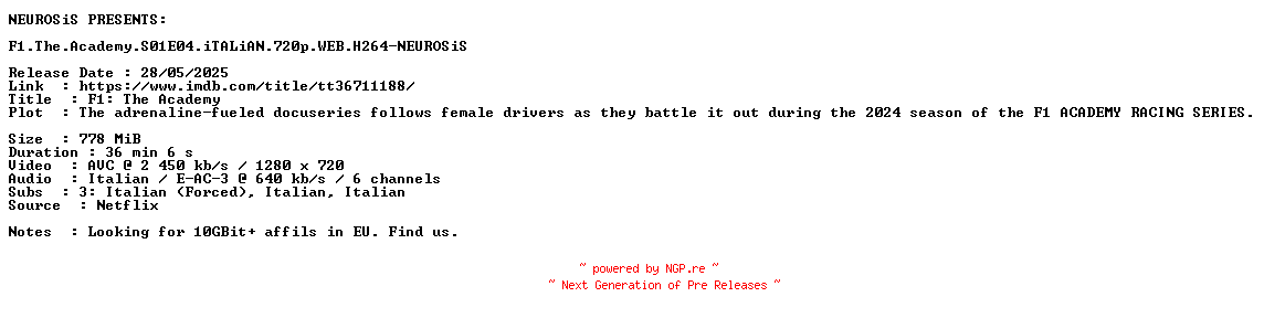 NFO for the release F1.The.Academy.S01E04.iTALiAN.720p.WEB.H264-NEUROSiS by NEUROSiS