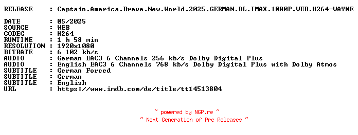 NFO for the release Captain.America.Brave.New.World.2025.GERMAN.DL.IMAX.1080P.WEB.H264-WAYNE by WAYNE