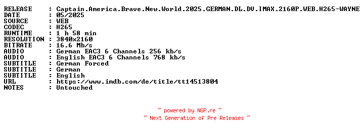 NFO for the release Captain.America.Brave.New.World.2025.GERMAN.DL.DV.IMAX.2160P.WEB.H265-WAYNE by WAYNE