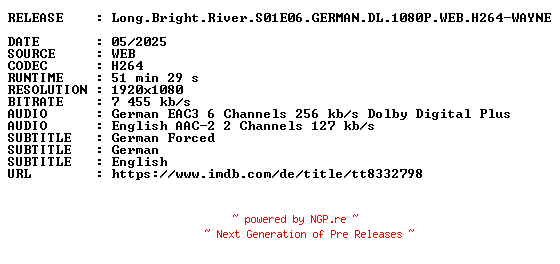 NFO for the release Long.Bright.River.S01E06.GERMAN.DL.1080P.WEB.H264-WAYNE by WAYNE