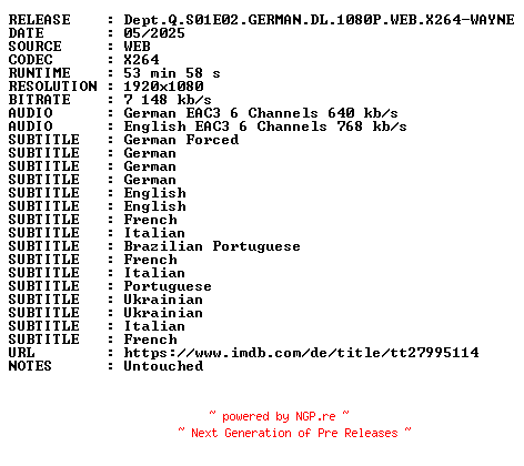 NFO for the release Dept.Q.S01E02.GERMAN.DL.1080P.WEB.X264-WAYNE by WAYNE