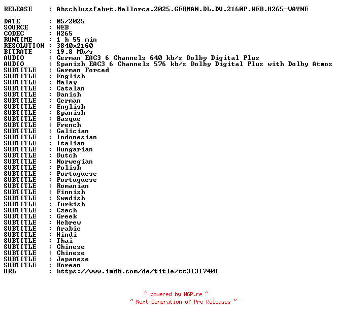 NFO for the release Abschlussfahrt.Mallorca.2025.GERMAN.DL.DV.2160P.WEB.H265-WAYNE by WAYNE