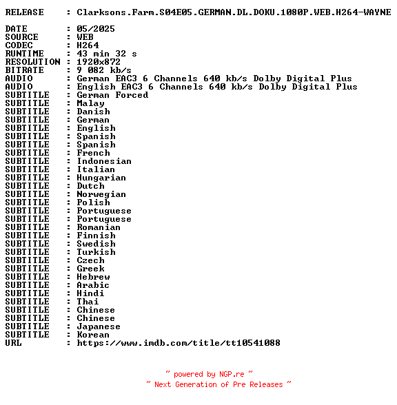 NFO for the release Clarksons.Farm.S04E05.GERMAN.DL.DOKU.1080P.WEB.H264-WAYNE by WAYNE