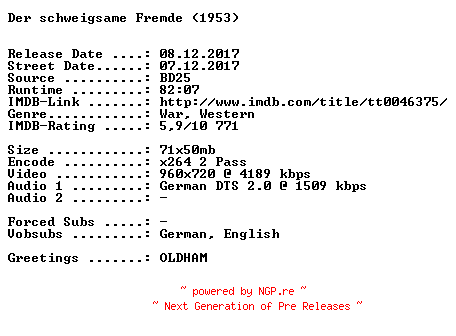 NFO for the release Der.schweigsame.Fremde.1953.German.720p.BluRay.x264-SPiCY by SPiCY
