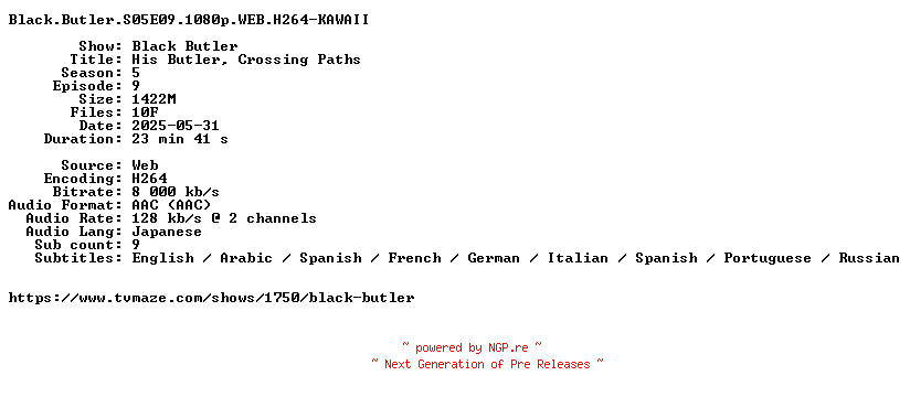 NFO for the release Black.Butler.S05E09.1080p.WEB.H264-KAWAII by KAWAII