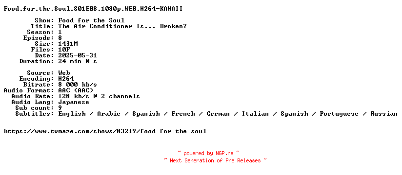 NFO for the release Food.for.the.Soul.S01E08.1080p.WEB.H264-KAWAII by KAWAII