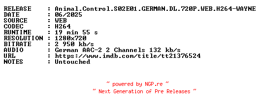 NFO for the release Animal.Control.S02E01.GERMAN.DL.720P.WEB.H264-WAYNE by WAYNE