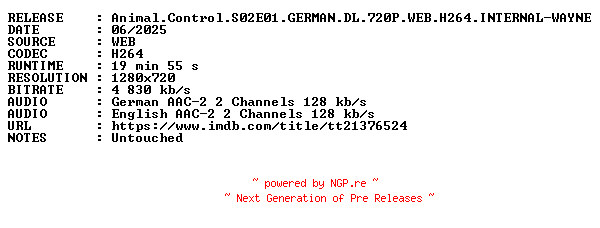 NFO for the release Animal.Control.S02E01.GERMAN.DL.720P.WEB.H264.INTERNAL-WAYNE by WAYNE