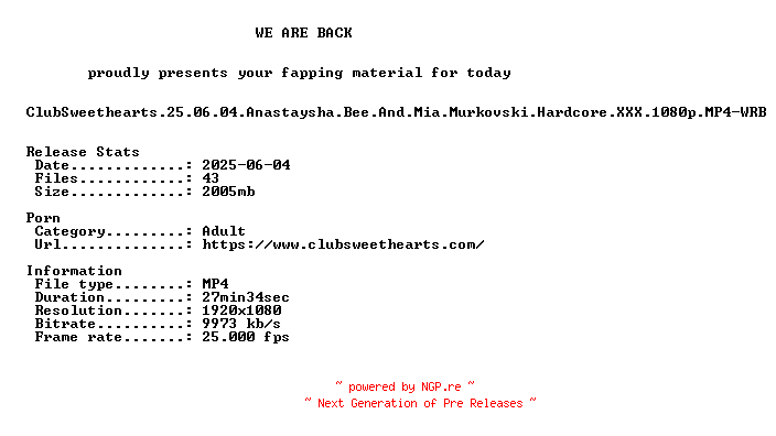 NFO for the release ClubSweethearts.25.06.04.Anastaysha.Bee.And.Mia.Murkovski.Hardcore.XXX.1080p.MP4-WRB by WRB