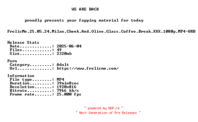 NFO for the release FrolicMe.25.05.24.Milan.Cheek.And.Olive.Glass.Coffee.Break.XXX.1080p.MP4-WRB by WRB