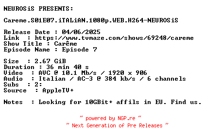 NFO for the release Careme.S01E07.iTALiAN.1080p.WEB.H264-NEUROSiS by NEUROSiS