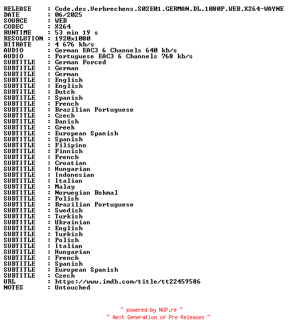 NFO for the release Code.des.Verbrechens.S02E01.GERMAN.DL.1080P.WEB.X264-WAYNE by WAYNE
