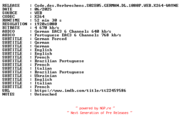 NFO for the release Code.des.Verbrechens.S02E05.GERMAN.DL.1080P.WEB.X264-WAYNE by WAYNE