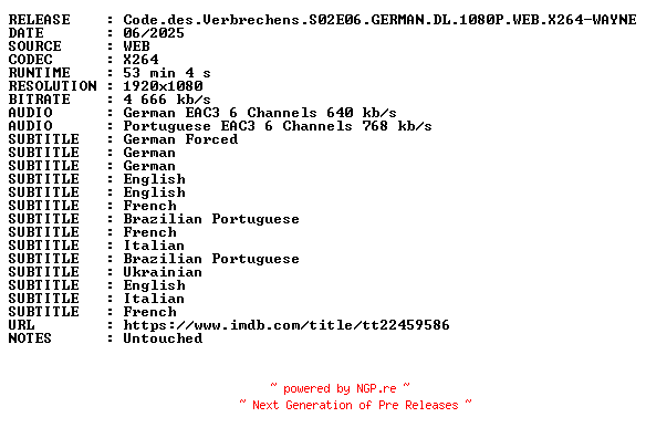 NFO for the release Code.des.Verbrechens.S02E06.GERMAN.DL.1080P.WEB.X264-WAYNE by WAYNE