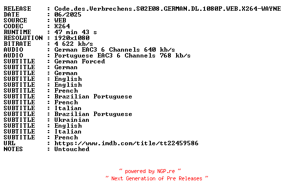 NFO for the release Code.des.Verbrechens.S02E08.GERMAN.DL.1080P.WEB.X264-WAYNE by WAYNE