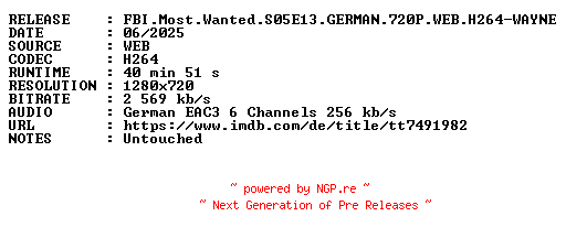 NFO for the release FBI.Most.Wanted.S05E13.GERMAN.720P.WEB.H264-WAYNE by WAYNE