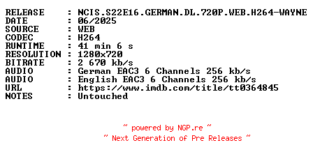 NFO for the release NCIS.S22E16.GERMAN.DL.720P.WEB.H264-WAYNE by WAYNE