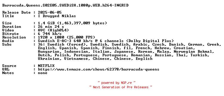 NFO for the release Barracuda.Queens.S02E05.SWEDiSH.1080p.WEB.h264-INGRID by INGRID