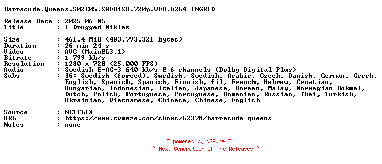NFO for the release Barracuda.Queens.S02E05.SWEDiSH.720p.WEB.h264-INGRID by INGRID