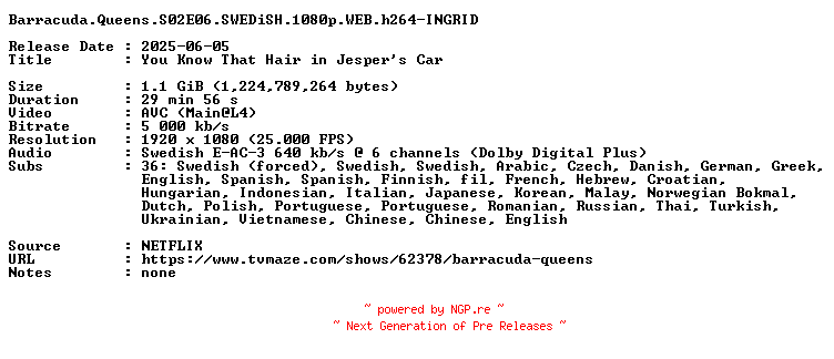 NFO for the release Barracuda.Queens.S02E06.SWEDiSH.1080p.WEB.h264-INGRID by INGRID